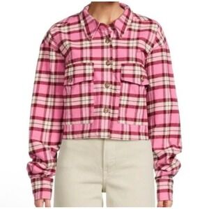 NWT‎ Good American Pink Plaid Cropped Shacket Size 1 Small Button Front Flannel